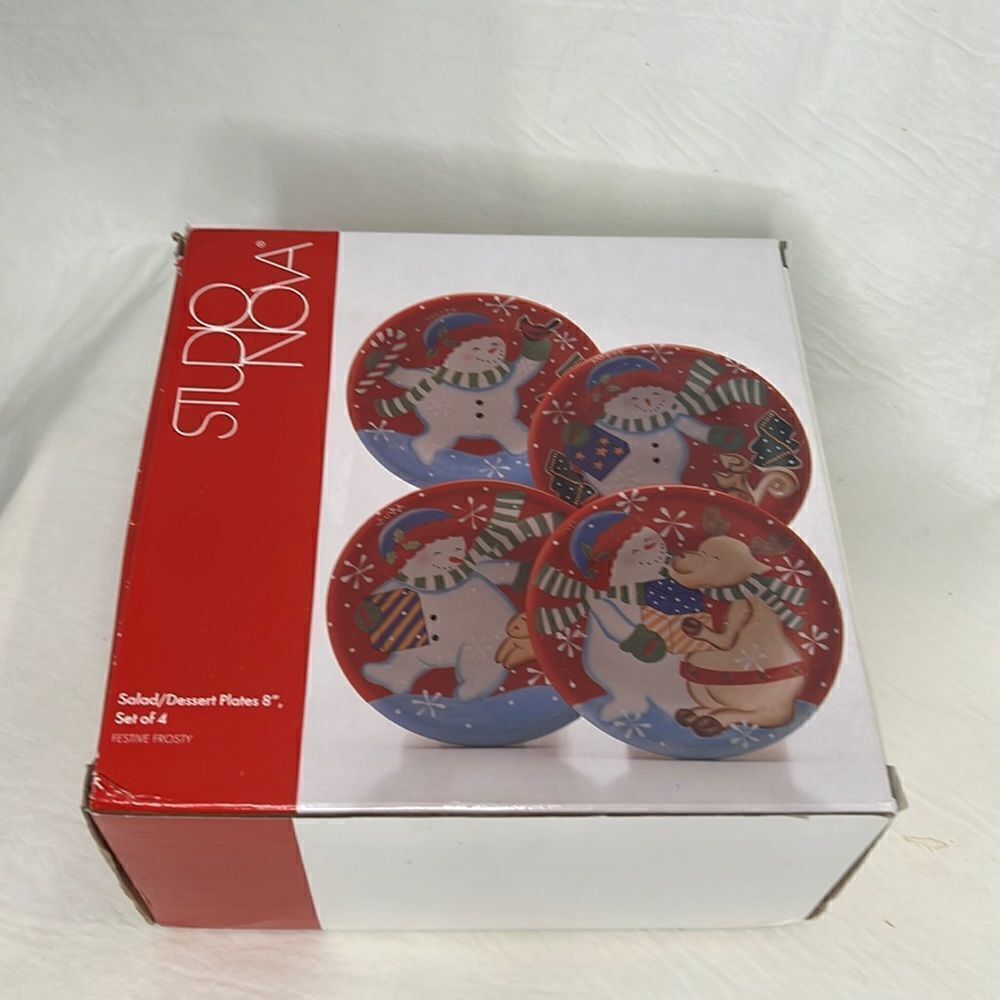 Studio Nova Salad Dessert Plates 8 Inch Festive Frosty Set 4 Christmas Red Blue